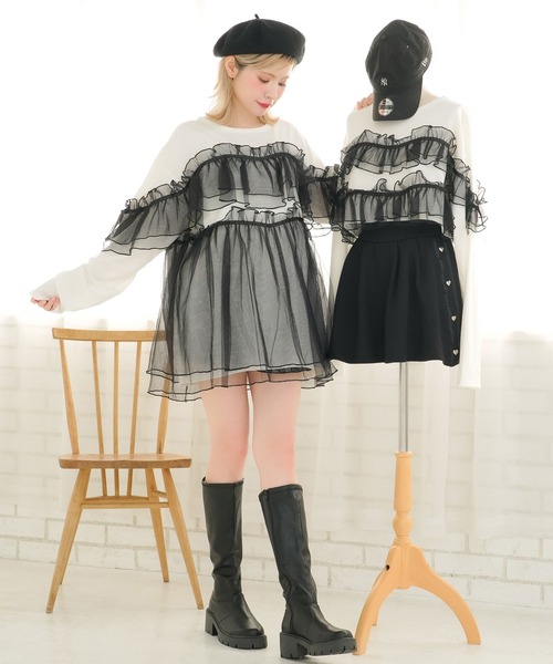 DearMyLoveRose(ディアマイラブローズ)の「チュールフリルリボンチュニックロンT(Tシャツ/カットソー・レディース・ホワイト×ピンク/ホワイト×ブラック/ブラック×グレー/ブラック・LL~3L/M-L)」の13枚目の写真