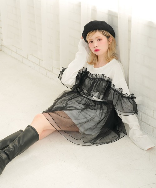 DearMyLoveRose(ディアマイラブローズ)の「チュールフリルリボンチュニックロンT(Tシャツ/カットソー・レディース・ホワイト×ピンク/ホワイト×ブラック/ブラック×グレー/ブラック・LL~3L/M-L)」の18枚目の写真