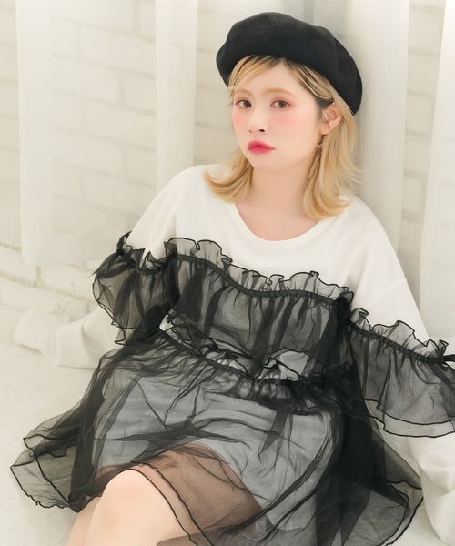 DearMyLoveRose(ディアマイラブローズ)の「チュールフリルリボンチュニックロンT(Tシャツ/カットソー・レディース・ホワイト×ピンク/ホワイト×ブラック/ブラック×グレー/ブラック・LL~3L/M-L)」の19枚目の写真