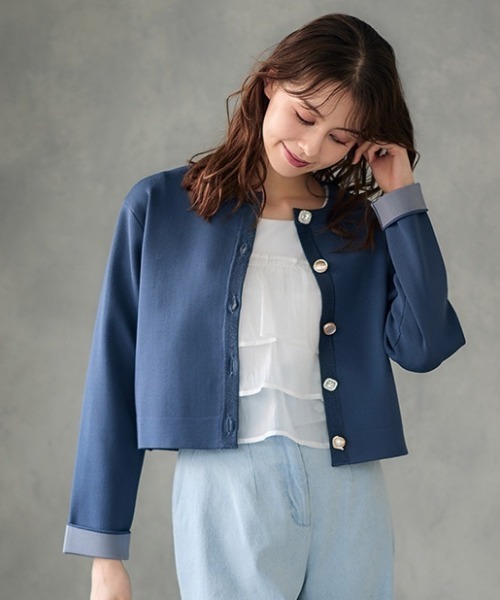ビジュー釦袖口配色ジャケット風ニットカーディガン（カーディガン