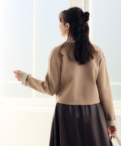 ビジュー釦袖口配色ジャケット風ニットカーディガン（カーディガン