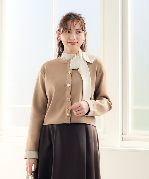 ビジュー釦袖口配色ジャケット風ニットカーディガン（カーディガン