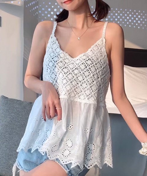 Miniministore(ミニミニストア)の「透かし編みキャミソール Vネックトップス(キャミソール・レディース・ベージュ/ホワイト・FREE)」の2枚目の写真