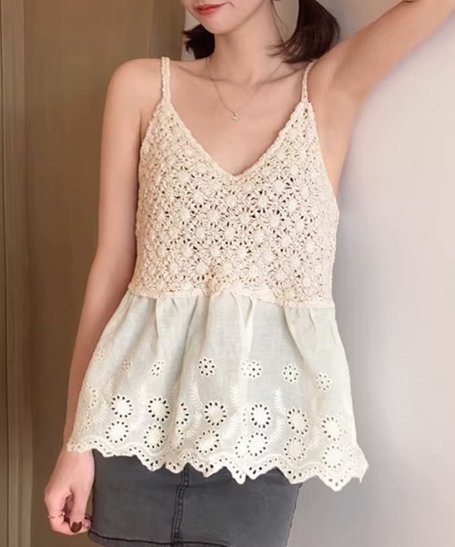 Miniministore(ミニミニストア)の「透かし編みキャミソール Vネックトップス(キャミソール・レディース・ベージュ/ホワイト・FREE)」の6枚目の写真
