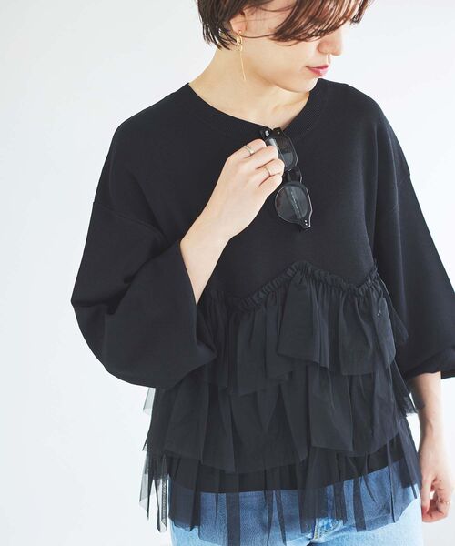 le.coeur blanc(ルクールブラン)の「Perle Peche チュールキリカエニット(ニット/セーター・レディース・グレー/ブラック・38)」の2枚目の写真