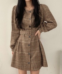 グレンチェック柄ミニワンピース 共布ベルト付き