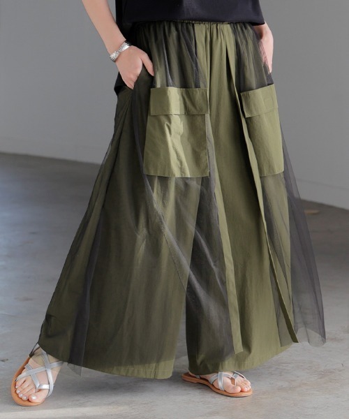 HUG.U（ハグユー）の「チュールレイヤード ワイドパンツ（カーゴパンツ・レディース・ブラック/ベージュ/カーキ・FREE）」の3枚目の写真