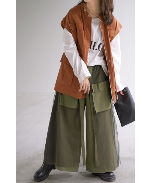 HUG.U（ハグユー）の「チュールレイヤード ワイドパンツ（カーゴパンツ・レディース・ブラック/ベージュ/カーキ・FREE）」の11枚目の写真