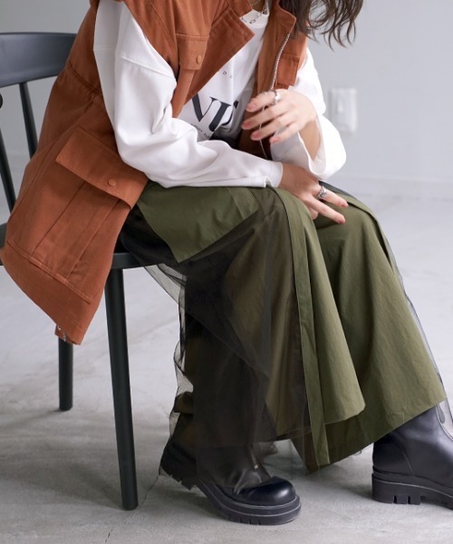 HUG.U（ハグユー）の「チュールレイヤード ワイドパンツ（カーゴパンツ・レディース・ブラック/ベージュ/カーキ・FREE）」の12枚目の写真