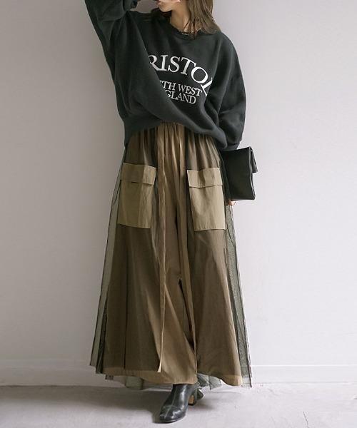 HUG.U（ハグユー）の「チュールレイヤード ワイドパンツ（カーゴパンツ・レディース・ブラック/ベージュ/カーキ・FREE）」の4枚目の写真