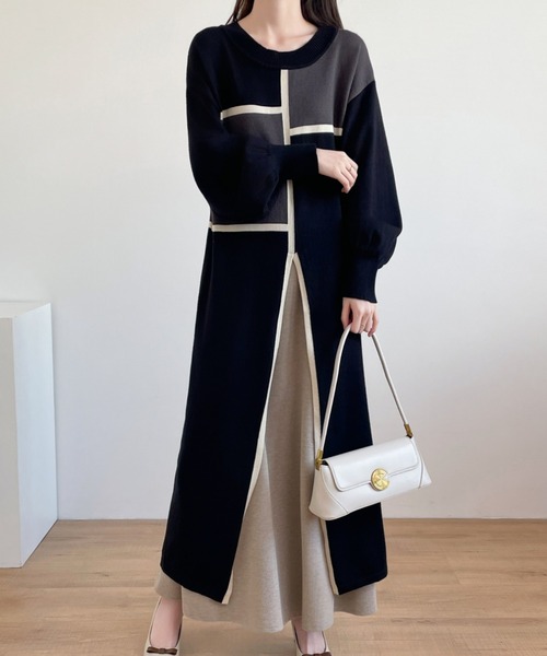 【セール】フロントスリット配色パッチワークニットワンピース（ワンピース）｜emi+（エミプラス）