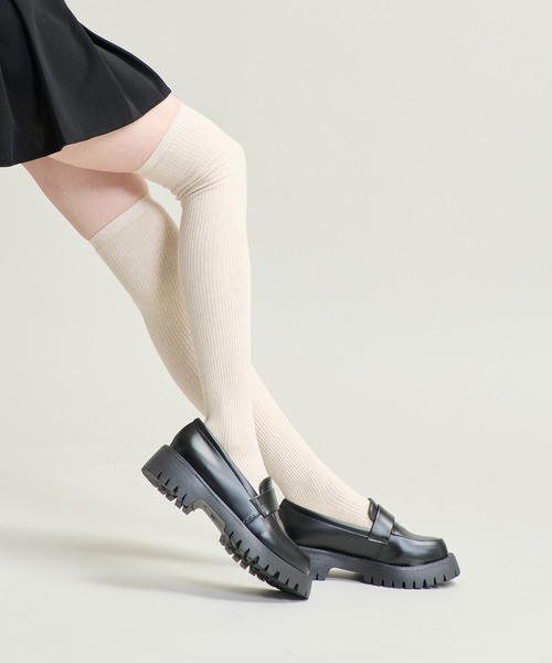 セール】3-12C5 5color 細リブ 無地 ニーハイソックス