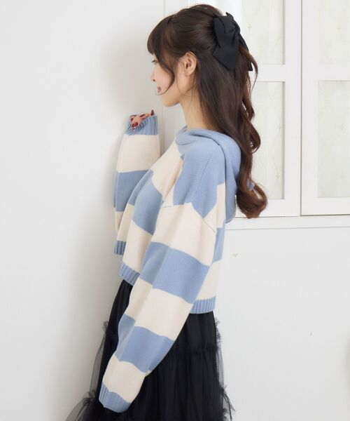 ems excite（エムズエキサイト）の「ボーダーショートNTフーディー（ニット/セーター・レディース・ダークグレー/ブルー/ブラック・FREE）」の5枚目の写真