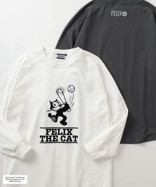THE FELiX(フェリクス)の「【FELIX THE CAT/フィリックス・ザ・キャット】ベースボール&ロック風 フロッキープリント ラグラン切替 ロングスリーブ/ロンT/長袖Tシャツ/ユニセックス(Tシャツ/カットソー・レディース・カーキ/チャコールグレー/オフホワイト/ダークグリーン/スミクロ/アイボリー/ホワイト×ブラック・L)」の2枚目の写真