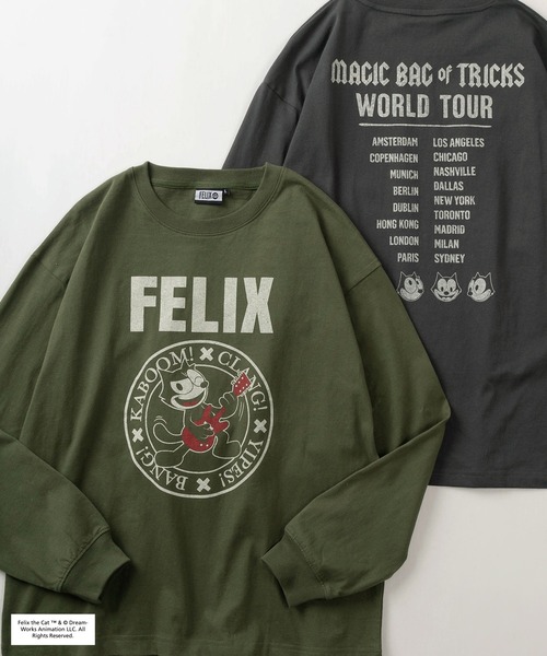 THE FELiX(フェリクス)の「【FELIX THE CAT/フィリックス・ザ・キャット】ベースボール&ロック風 フロッキープリント ラグラン切替 ロングスリーブ/ロンT/長袖Tシャツ/ユニセックス(Tシャツ/カットソー・レディース・カーキ/チャコールグレー/オフホワイト/ダークグリーン/スミクロ/アイボリー/ホワイト×ブラック・L)」の7枚目の写真