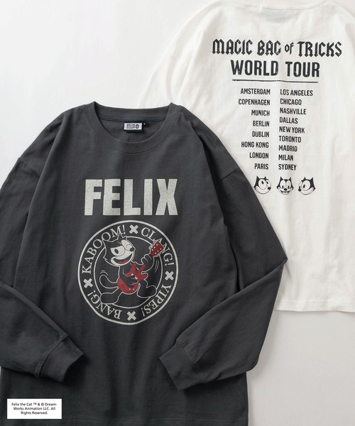 THE FELiX(フェリクス)の「【FELIX THE CAT/フィリックス・ザ・キャット】ベースボール&ロック風 フロッキープリント ラグラン切替 ロングスリーブ/ロンT/長袖Tシャツ/ユニセックス(Tシャツ/カットソー・レディース・カーキ/チャコールグレー/オフホワイト/ダークグリーン/スミクロ/アイボリー/ホワイト×ブラック・L)」の4枚目の写真