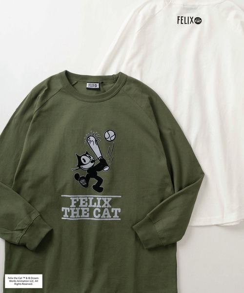 THE FELiX(フェリクス)の「【FELIX THE CAT/フィリックス・ザ・キャット】ベースボール&ロック風 フロッキープリント ラグラン切替 ロングスリーブ/ロンT/長袖Tシャツ/ユニセックス(Tシャツ/カットソー・レディース・カーキ/チャコールグレー/オフホワイト/ダークグリーン/スミクロ/アイボリー/ホワイト×ブラック・L)」の6枚目の写真