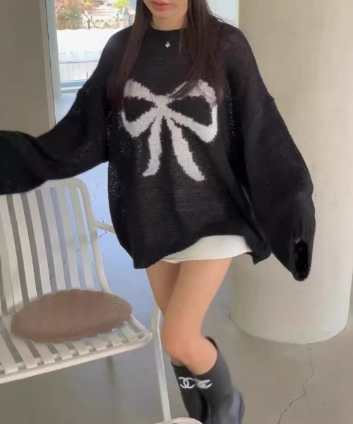 Ritzy(リッツィー)の「オーバーサイズ リボンデザインニット セーター(ニット/セーター・レディース・アイボリー/グリーン/ピンク/ブラック・FREE)」の2枚目の写真
