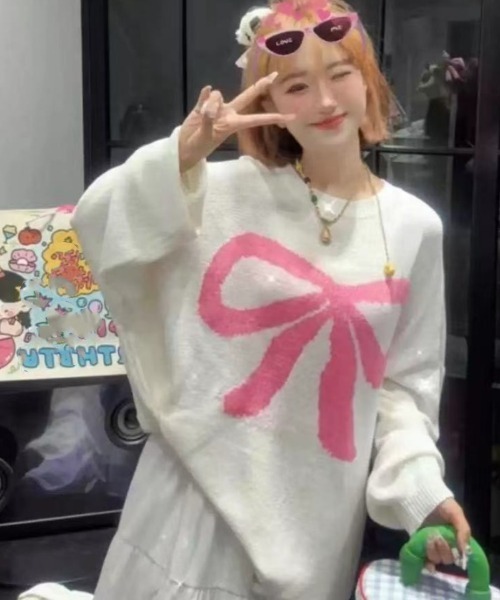 Ritzy(リッツィー)の「オーバーサイズ リボンデザインニット セーター(ニット/セーター・レディース・アイボリー/グリーン/ピンク/ブラック・FREE)」の12枚目の写真