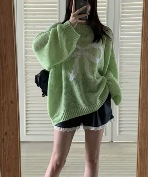 Ritzy(リッツィー)の「オーバーサイズ リボンデザインニット セーター(ニット/セーター・レディース・アイボリー/グリーン/ピンク/ブラック・FREE)」の9枚目の写真