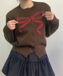 ラウンドネック リボン ニット カーディガン