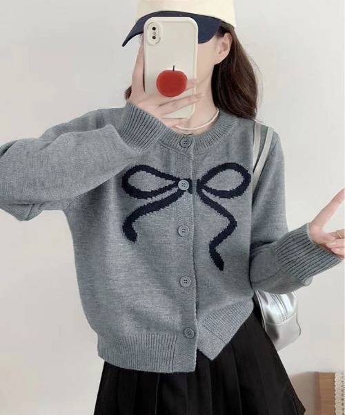 kirakiraShop(キラキラショップ)の「ラウンドネック リボン ニット カーディガン(カーディガン/ボレロ・レディース・ホワイト/ブラック/レッド/グレー/ブラウン・FREE)」の3枚目の写真
