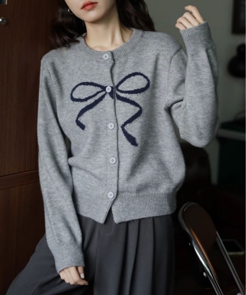 kirakiraShop(キラキラショップ)の「ラウンドネック リボン ニット カーディガン(カーディガン/ボレロ・レディース・ホワイト/ブラック/レッド/グレー/ブラウン・FREE)」の13枚目の写真