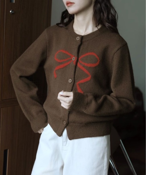 kirakiraShop(キラキラショップ)の「ラウンドネック リボン ニット カーディガン(カーディガン/ボレロ・レディース・ホワイト/ブラック/レッド/グレー/ブラウン・FREE)」の20枚目の写真