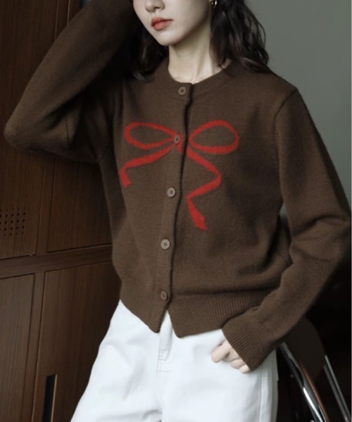 kirakiraShop(キラキラショップ)の「ラウンドネック リボン ニット カーディガン(カーディガン/ボレロ・レディース・ホワイト/ブラック/レッド/グレー/ブラウン・FREE)」の21枚目の写真