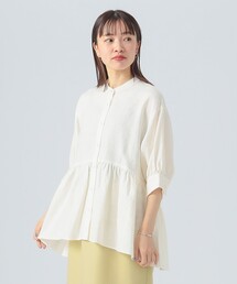 裾ギャザー 麻混シャツブラウス