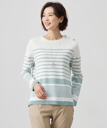 【洗える】Cotton Acetate パネルボーダー プルオーバー ニット