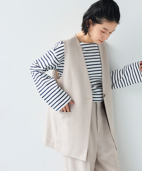 CROSS FUNCTION（クロスファンクション）の「《シワになりにくい》サマナチュラ リネンライクノーカラーVネックジレ【CF/クロスファンクション】（ベスト・レディース・ライトベージュ/ブルー/チャコールグレー・LL/L/M）」の5枚目の写真