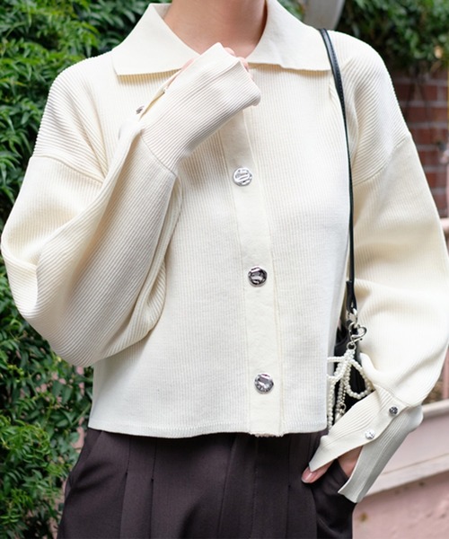 スタイルブロック STYLEBLOCK スポンディッシュニット襟付きカーディガン （アイボリー） セール】スポンディッシュニット襟付きカーディガン