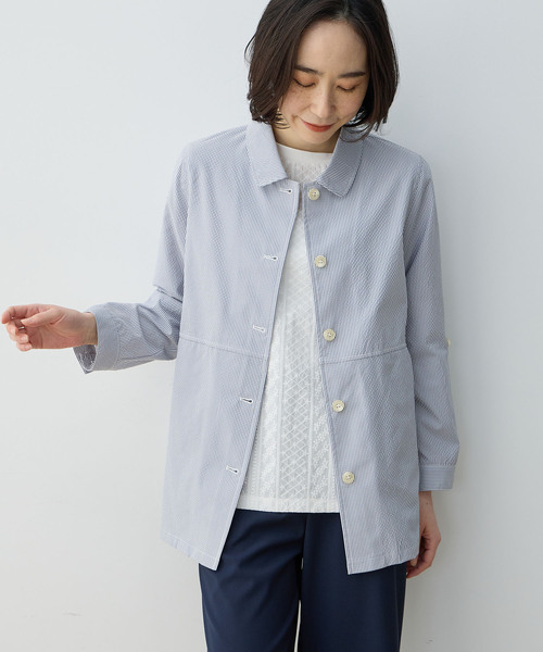 DECOY SINCE 1981(デコイシンスイチキュウハチイチ)の「ジャガードストライプジャケット(ステンカラーコート・レディース・グレー/ネイビー・9号/11号/13号)」の1枚目の写真