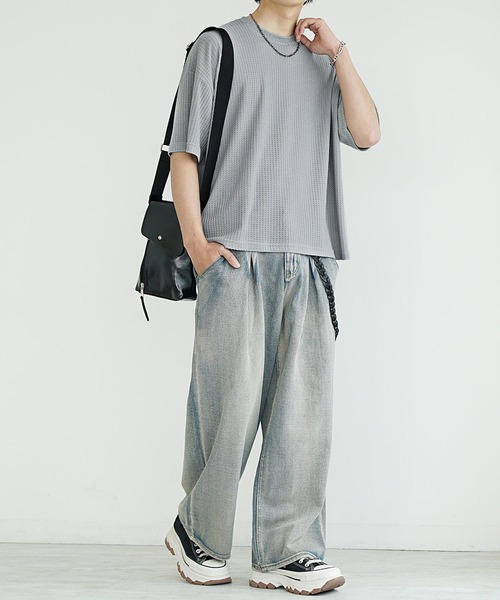 MinoriTY(マイノリティ)の「【MinoriTY】ソフトワッフルショート丈ハーフスリーブTシャツ メンズ 短丈Tシャツ 春服 半袖Tシャツ(Tシャツ/カットソー・メンズ・ライトグレー/ブルー・S/M/L)」の6枚目の写真