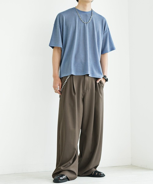 MinoriTY(マイノリティ)の「【MinoriTY】ソフトワッフルショート丈ハーフスリーブTシャツ メンズ 短丈Tシャツ 春服 半袖Tシャツ(Tシャツ/カットソー・メンズ・ライトグレー/ブルー・S/M/L)」の3枚目の写真