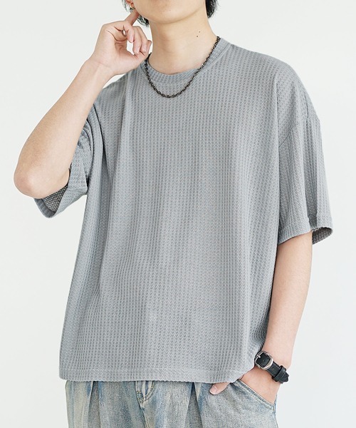MinoriTY(マイノリティ)の「【MinoriTY】ソフトワッフルショート丈ハーフスリーブTシャツ メンズ 短丈Tシャツ 春服 半袖Tシャツ(Tシャツ/カットソー・メンズ・ライトグレー/ブルー・S/M/L)」の5枚目の写真