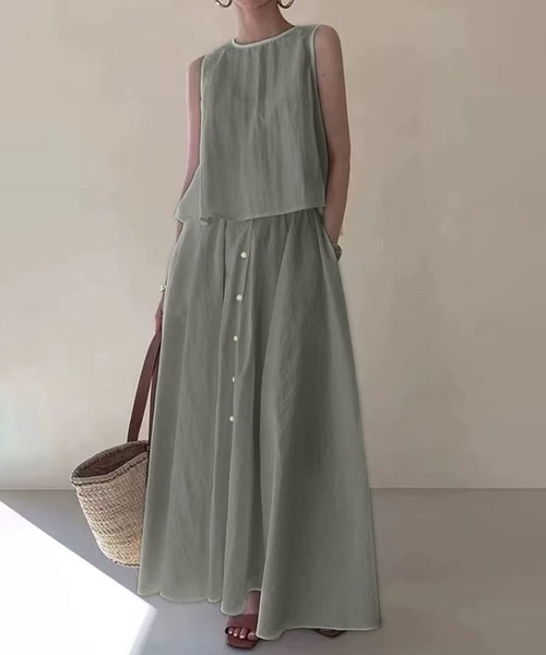 Doula Doula(ドゥーラドゥーラ)の「セットアップ ノースリーブブラウス&フレアロングスカート(セットアップ・レディース・ホワイト/ベージュ/ブラック/グレー/ネイビー・FREE)」の4枚目の写真