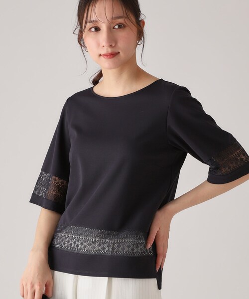 COUP DE CHANCE（クードシャンス）の「【洗える／日本製】レース使いジャージトップス（Tシャツ/カットソー・レディース・ライトオレンジ系/ホワイト/ネイビー・34/36/38/40）」の3枚目の写真