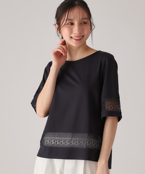 COUP DE CHANCE（クードシャンス）の「【洗える／日本製】レース使いジャージトップス（Tシャツ/カットソー・レディース・ライトオレンジ系/ホワイト/ネイビー・34/36/38/40）」の4枚目の写真