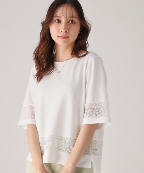 COUP DE CHANCE（クードシャンス）の「【洗える／日本製】レース使いジャージトップス（Tシャツ/カットソー・レディース・ライトオレンジ系/ホワイト/ネイビー・34/36/38/40）」の5枚目の写真