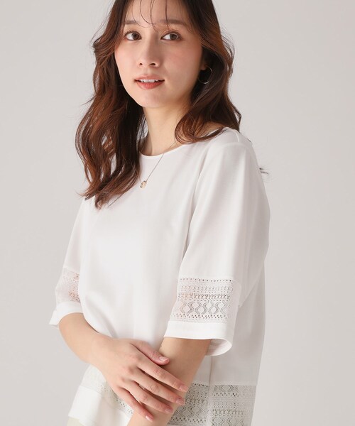 COUP DE CHANCE（クードシャンス）の「【洗える／日本製】レース使いジャージトップス（Tシャツ/カットソー・レディース・ライトオレンジ系/ホワイト/ネイビー・34/36/38/40）」の6枚目の写真