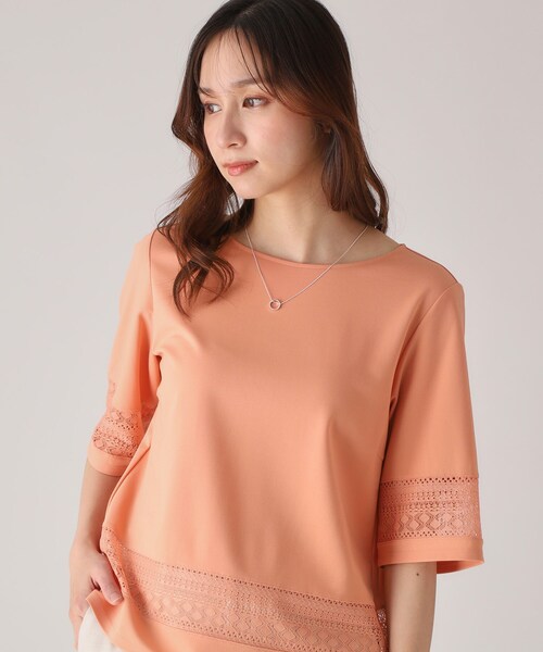 COUP DE CHANCE（クードシャンス）の「【洗える／日本製】レース使いジャージトップス（Tシャツ/カットソー・レディース・ライトオレンジ系/ホワイト/ネイビー・34/36/38/40）」の9枚目の写真