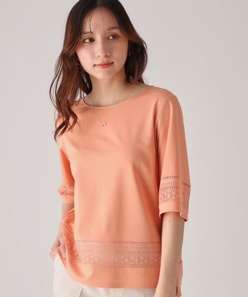 COUP DE CHANCE（クードシャンス）の「【洗える／日本製】レース使いジャージトップス（Tシャツ/カットソー・レディース・ライトオレンジ系/ホワイト/ネイビー・34/36/38/40）」の10枚目の写真