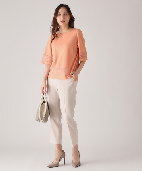 COUP DE CHANCE（クードシャンス）の「【洗える／日本製】レース使いジャージトップス（Tシャツ/カットソー・レディース・ライトオレンジ系/ホワイト/ネイビー・34/36/38/40）」の11枚目の写真