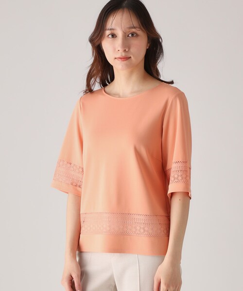 COUP DE CHANCE（クードシャンス）の「【洗える／日本製】レース使いジャージトップス（Tシャツ/カットソー・レディース・ライトオレンジ系/ホワイト/ネイビー・34/36/38/40）」の16枚目の写真