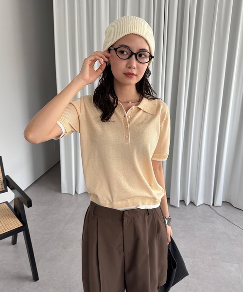 MUHET(ミュエータ)の「sheer polo knit / シアーポロニット(ポロシャツ・レディース・カーキ/グレー/ネイビー/イエロー・FREE)」の4枚目の写真