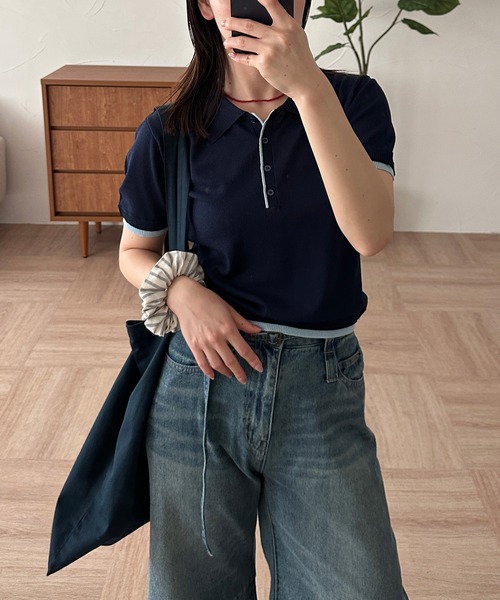 MUHET(ミュエータ)の「sheer polo knit / シアーポロニット(ポロシャツ・レディース・カーキ/グレー/ネイビー/イエロー・FREE)」の8枚目の写真