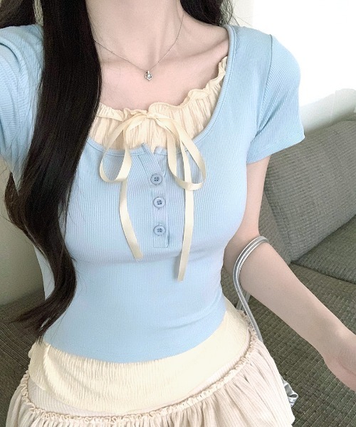 REMUR(レミュール)の「フェイクレイヤード胸リボントップス 半袖(Tシャツ/カットソー・レディース・グレー/ブラック/ピンク/サックスブルー・FREE)」の1枚目の写真