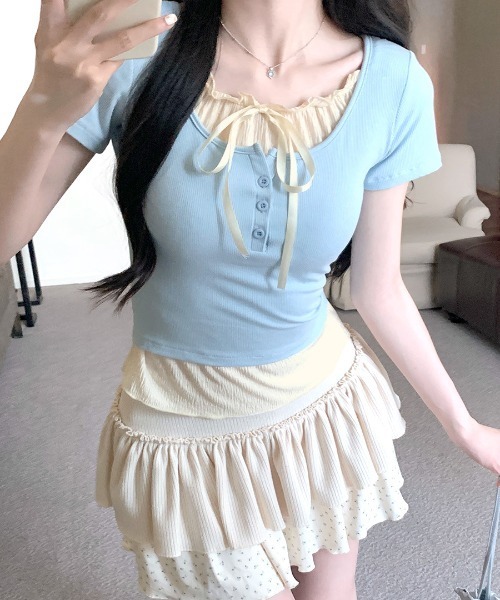 REMUR(レミュール)の「フェイクレイヤード胸リボントップス 半袖(Tシャツ/カットソー・レディース・グレー/ブラック/ピンク/サックスブルー・FREE)」の21枚目の写真